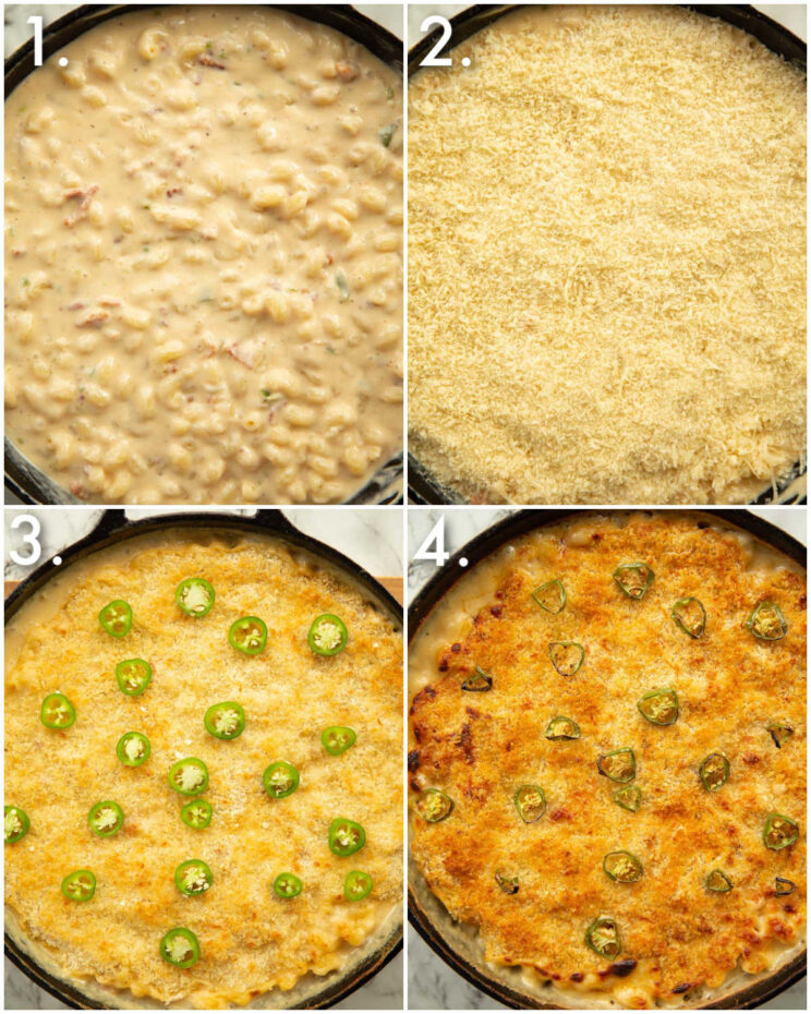 4 step by step photos showing how to bake jalapeno mac and cheese