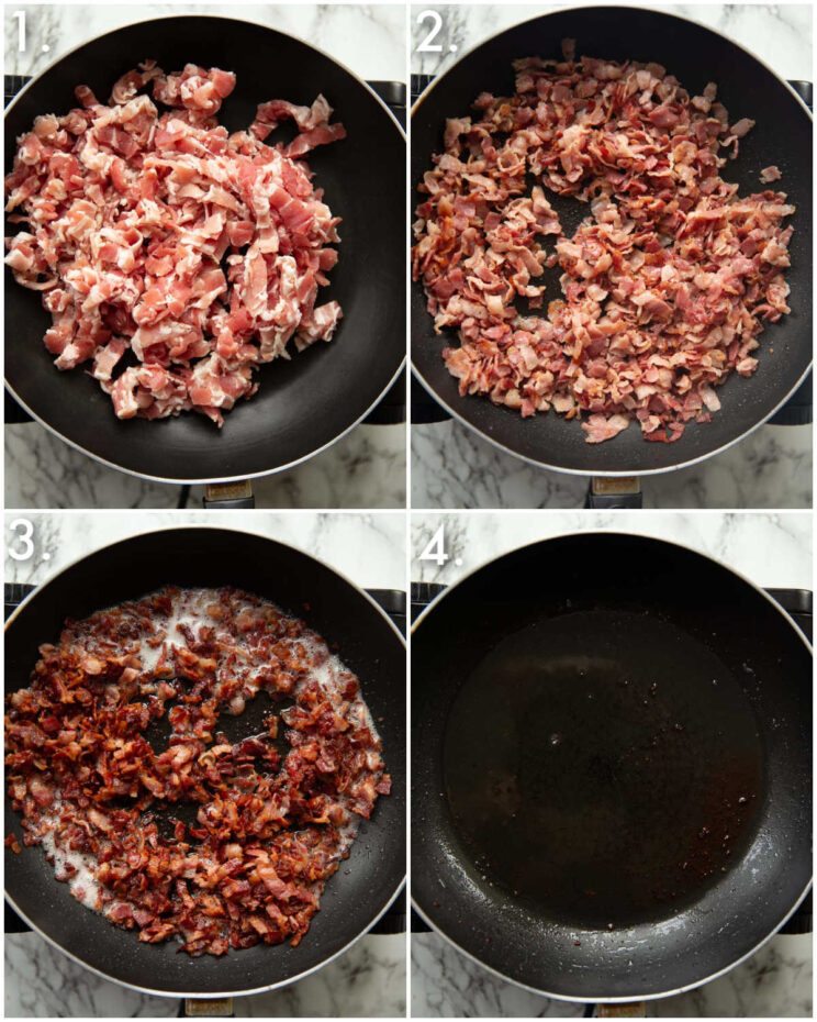 4 step by step photos showing how to fry bacon for jam