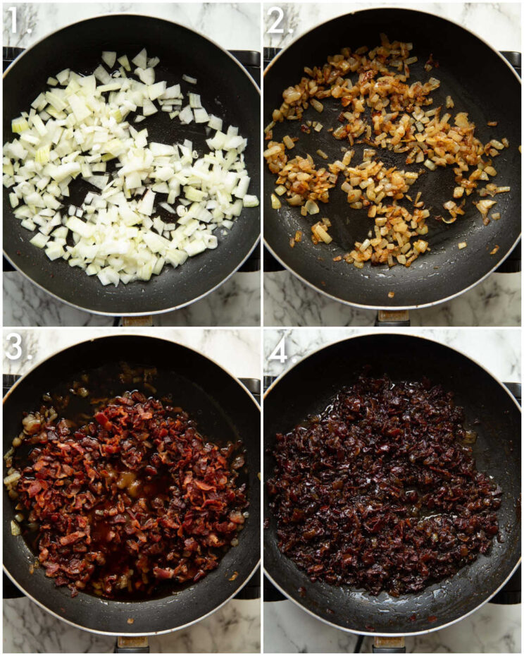 4 step by step photos showing how to make bacon jam