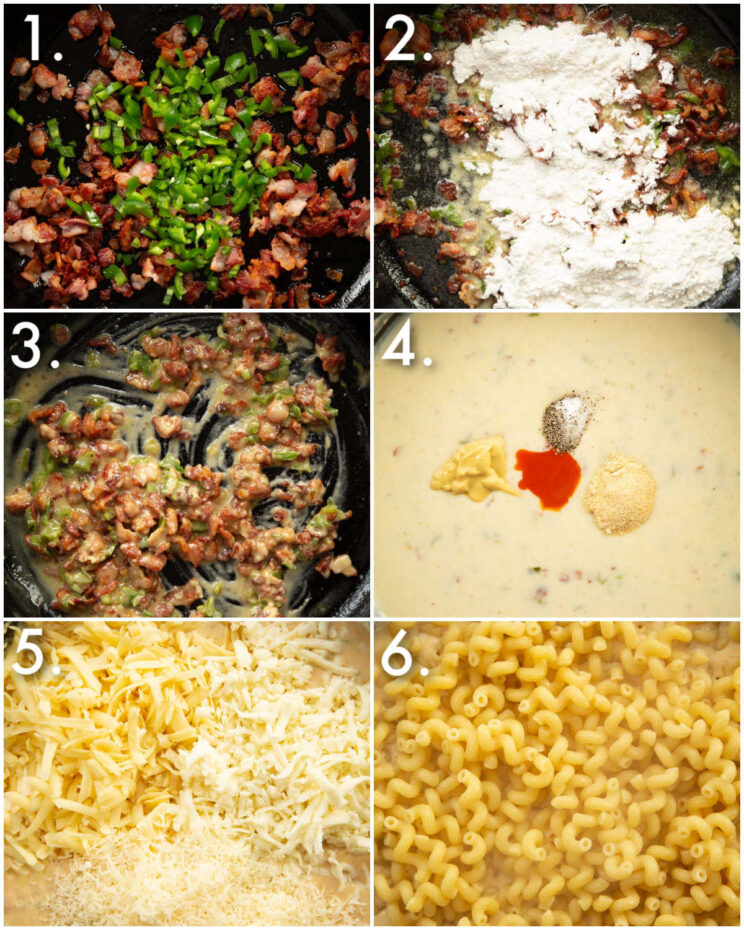 6 step by step photos showing how to make spicy mac and cheese