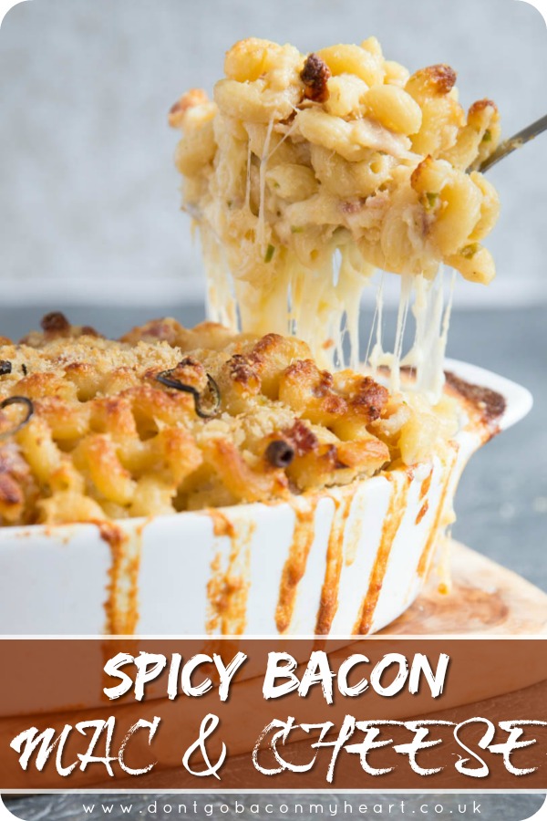 This Spicy Mac and Cheese is made with a 3 cheese blend, kicked up with fresh jalapeños and baked in the oven. With added bacon this truly is the ultimate mac and cheese! #macandcheese #cheese #spicy #pasta | www.dontgobaconmyheart.co.uk