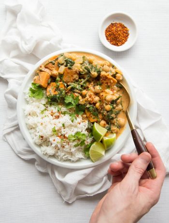 Chickpea Sweet Potato Curry with chilli flakes to serve