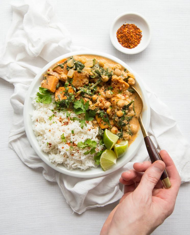 Chickpea Sweet Potato Curry with chilli flakes to serve
