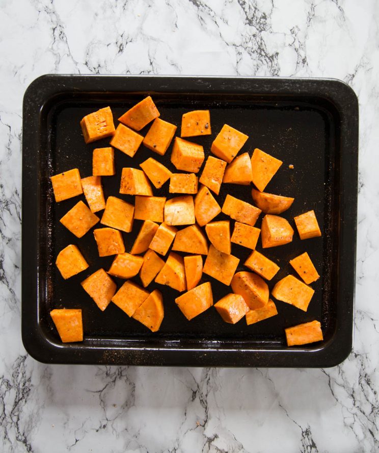 Roasted sweet potatoes ready for the oven