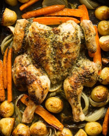 Herb Roasted Spatchcock Chicken fresh out the oven