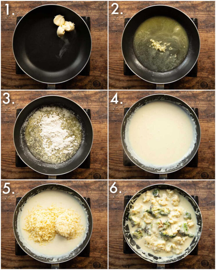 6 step by step photos showing how to make broccoli cauliflower cheese