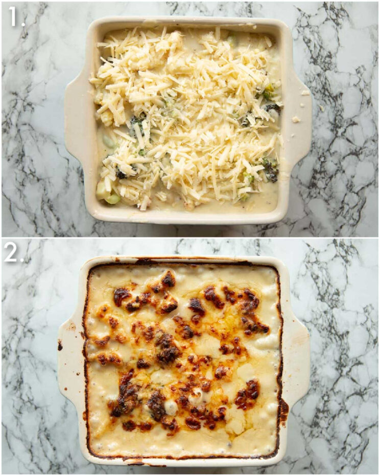 2 step by step photos showing how to make broccoli cauliflower cheese bake