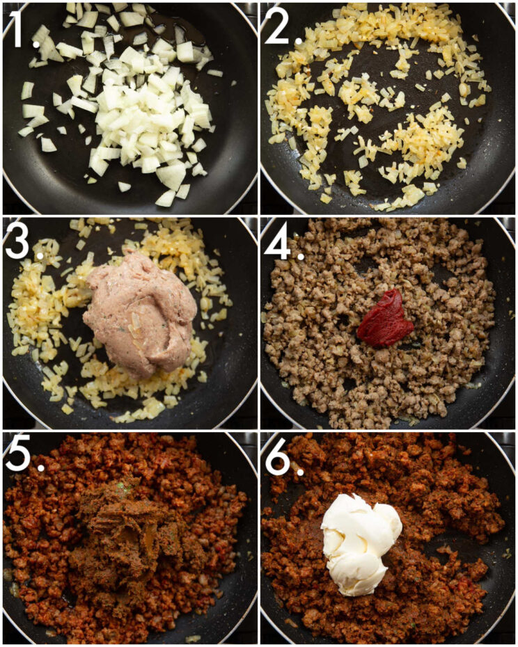 6 step by step photos showing how to make creamy tomato sausage pasta