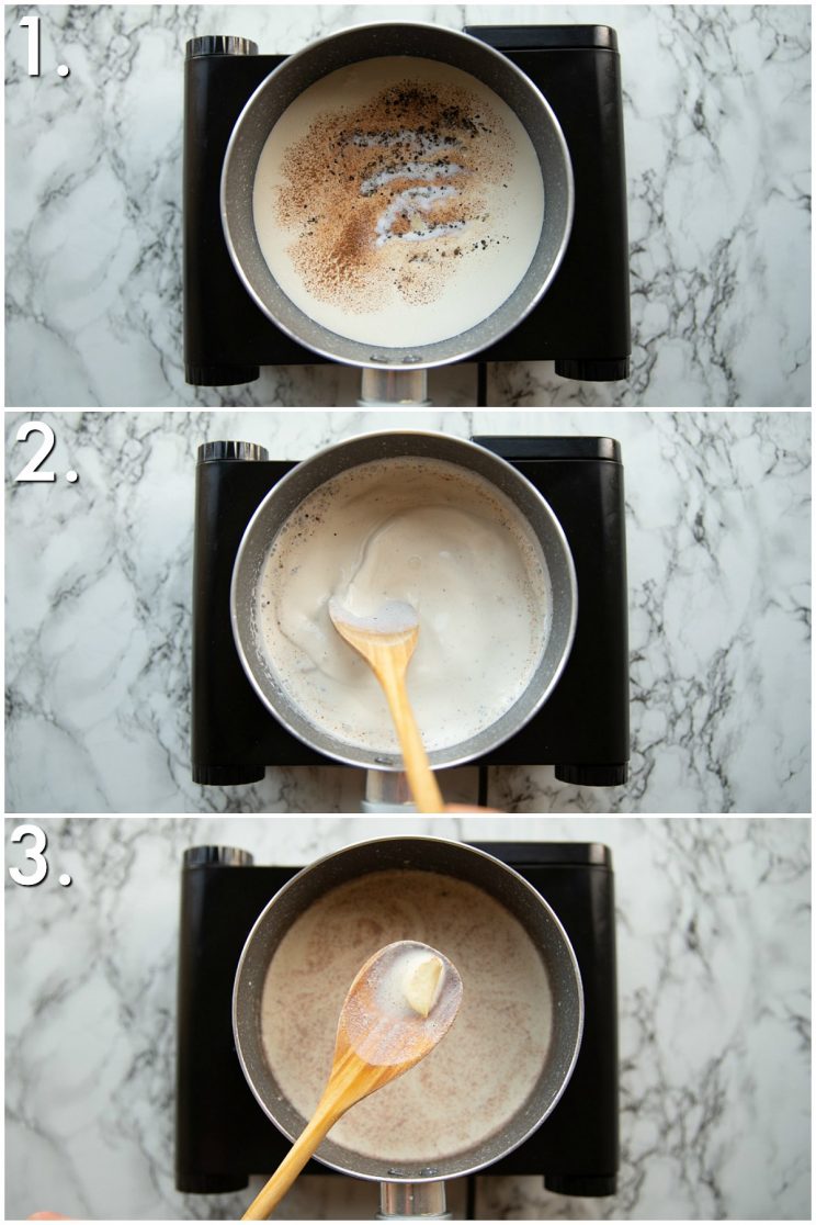 3 step by step photos showing how to make sauce for dauphinoise potatoes