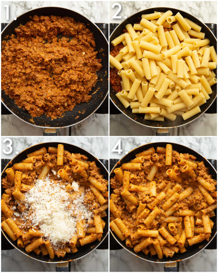 4 step by step photos showing how to make sausage pasta