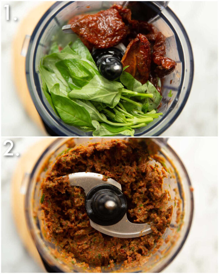 2 step by step photos showing how to make sun dried tomato paste