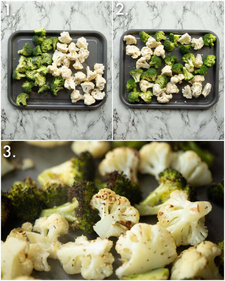 3 step by step photos showing how to roast broccoli and cauliflower