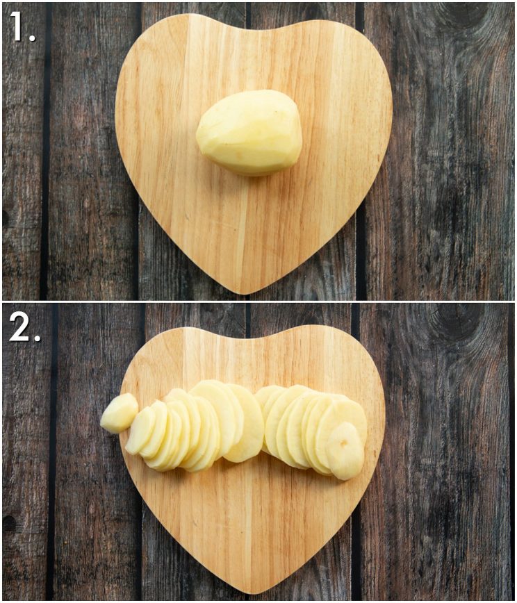 2 step by step photos showing how to slice potato for dauphinoise