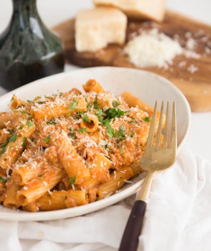 Sausage Pasta in a Sun Dried Tomato Mascarpone Sauce served with parmesan and parsley