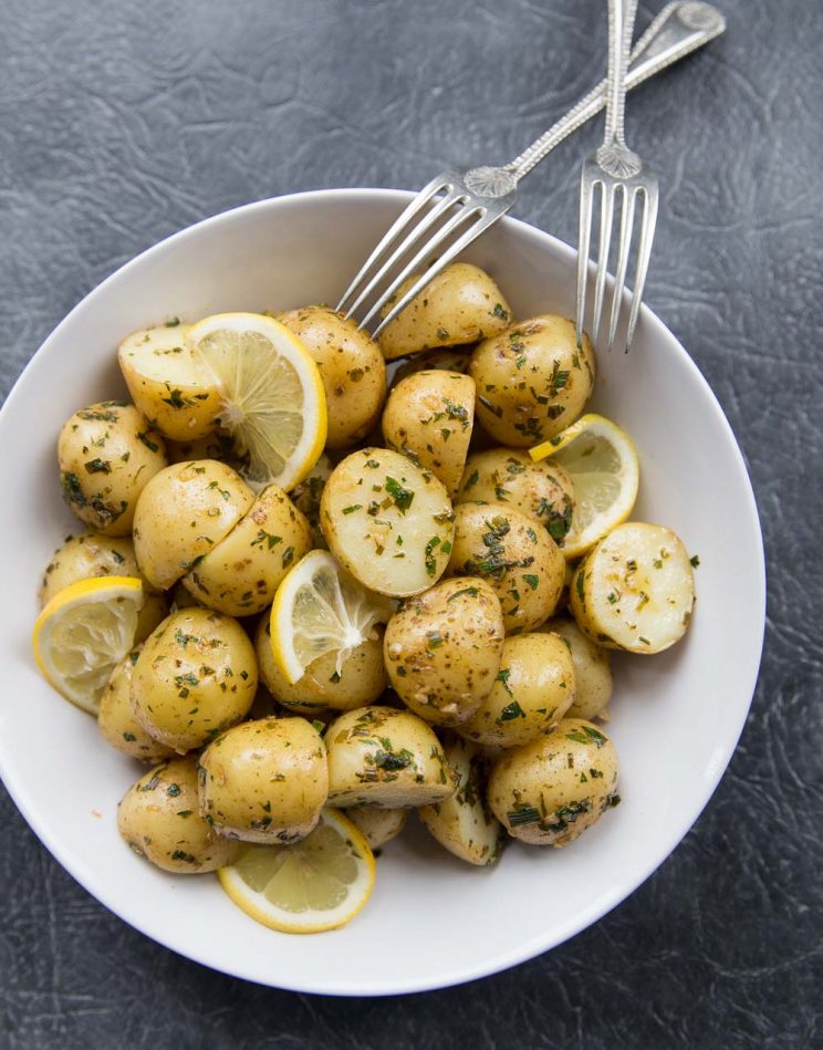 Lemon Browned Butter baby Potatoes served with lemon wedges