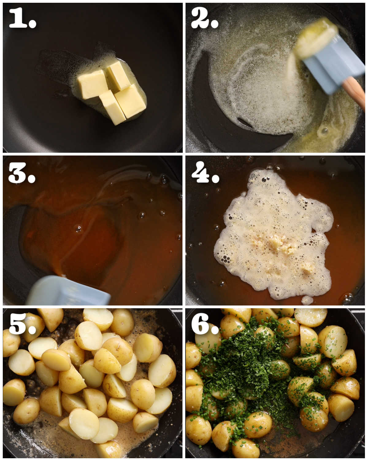 6 step by step photos showing how to make lemon brown butter potatoes