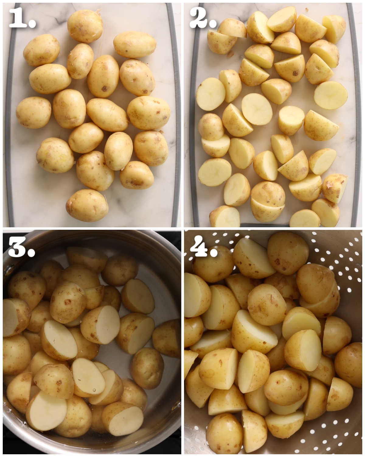 4 step by step photos showing how to prepare baby potatoes