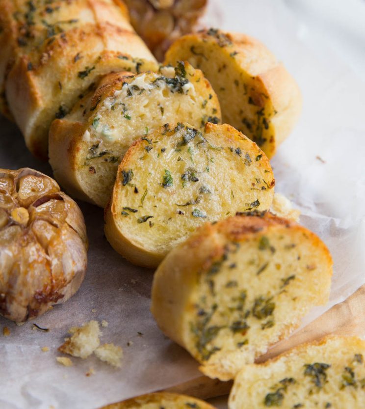 closeup shot of Roasted Garlic Bread fresh out the oven