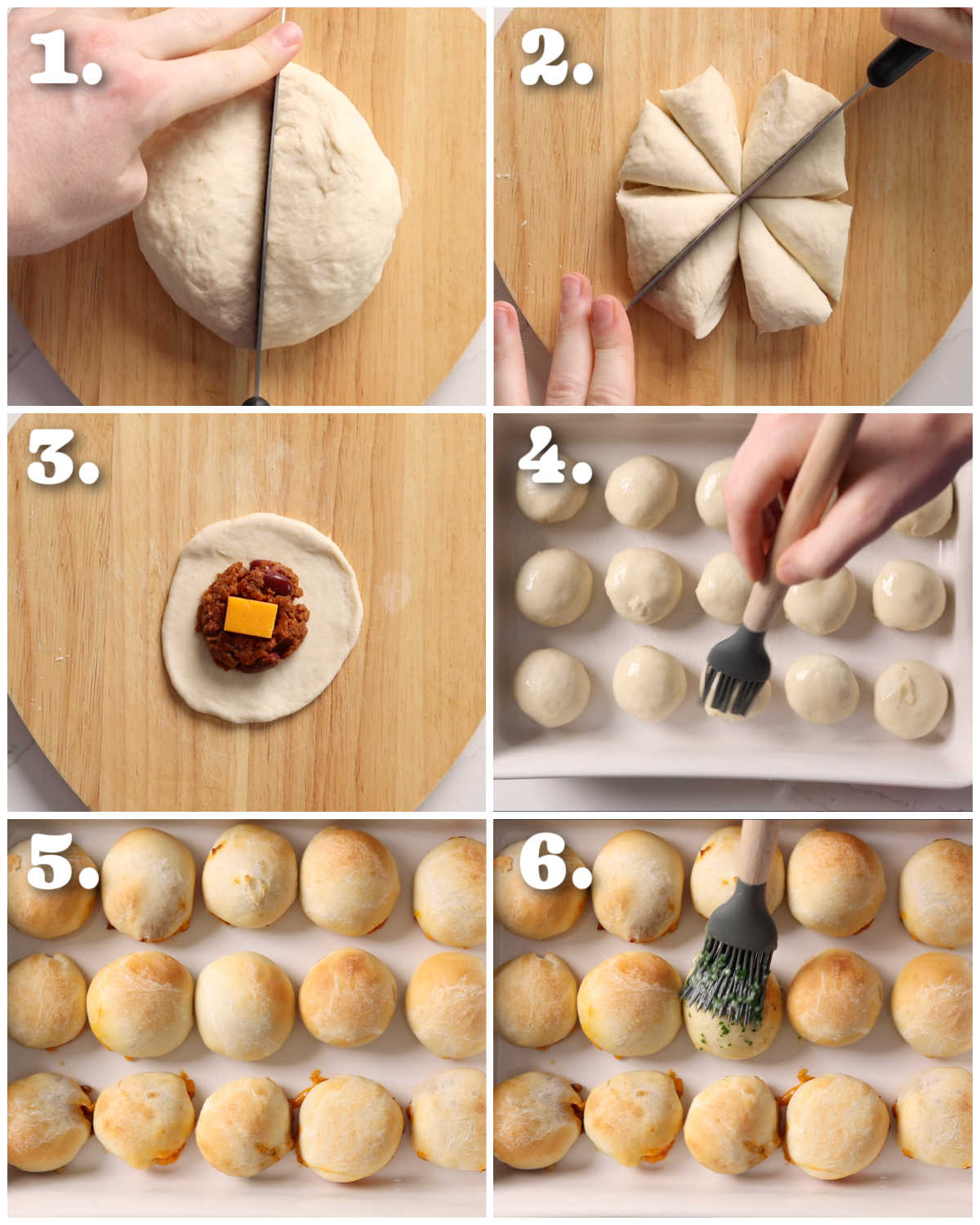 6 step by step photos showing how to make chilli dough balls