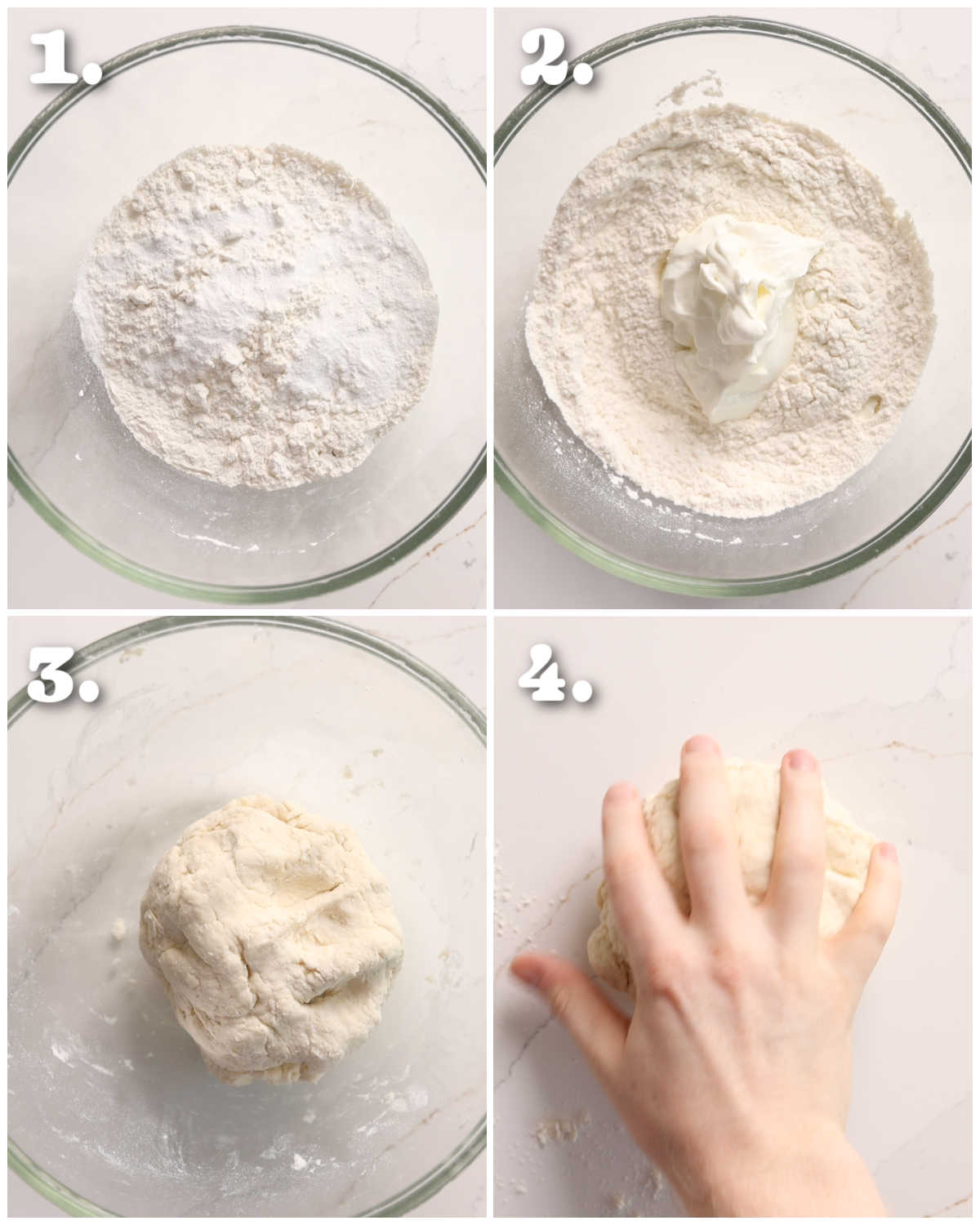 4 step by step photos showing how to make dough balls