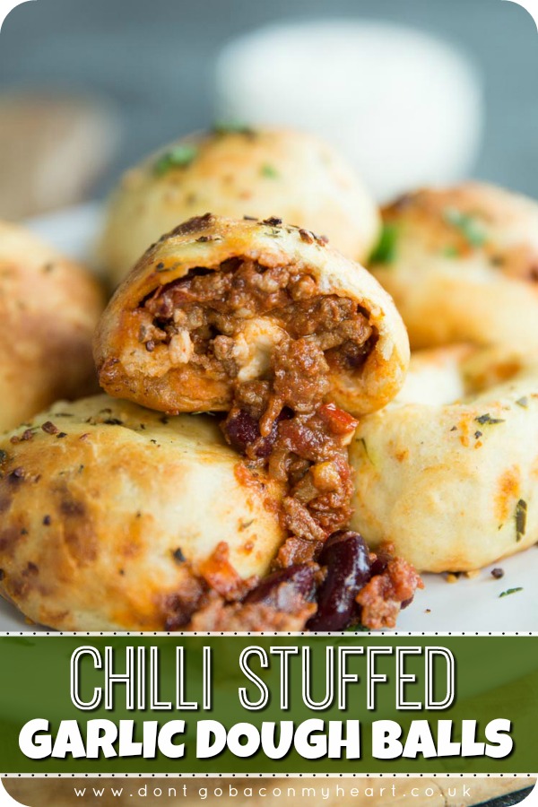 Looking for what to do with leftover Chilli? Look no further than these stuffed garlic dough balls! Easy cheesy finger food doesn't get more delicious than this! #chilli #chilliconcarne #doughballs #garlicdoughballs #fingerfood | www.dontgobaconmyheart.co.uk