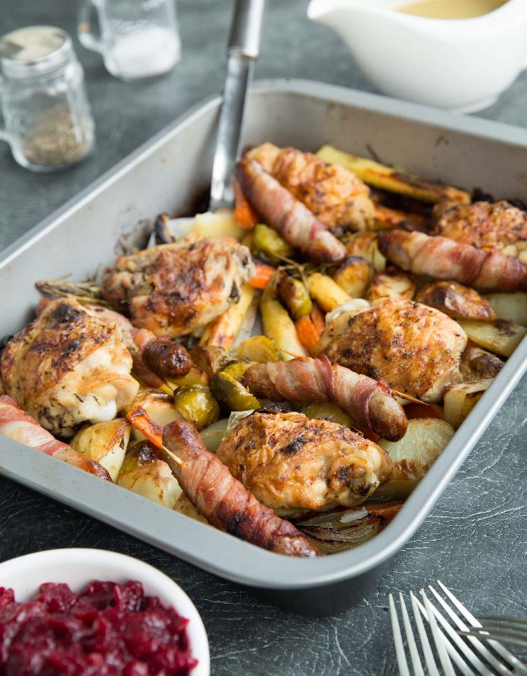 One Pan Roast Dinner with cranberry sauce and gravy