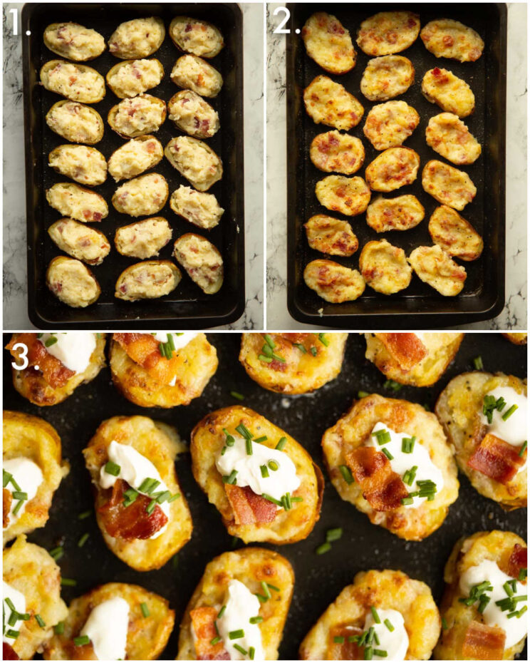 3 step by step photos showing how to cook mini twice baked potatoes