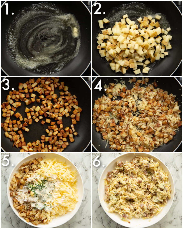 6 step by step photos showing how to make cheese onion pasty filling