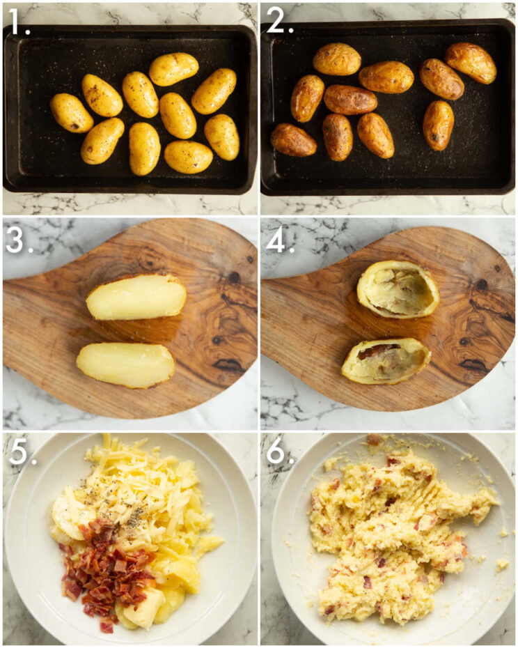 6 step by step photos showing how to make mini twice baked potatoes