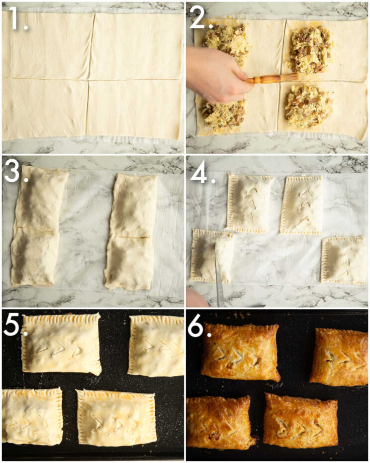 6 step by step photos showing how to make potato cheese onion pasties