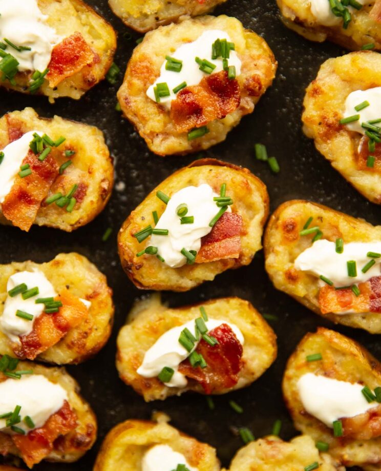 close up overhead shot of mini twice baked potatoes