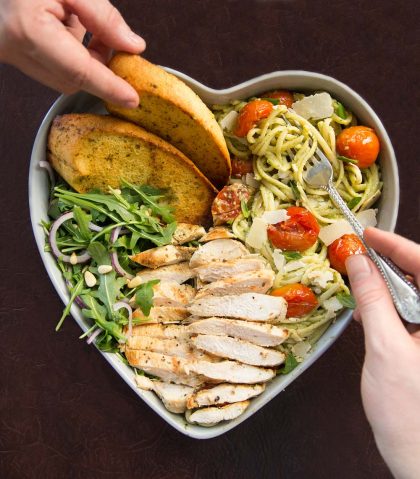 Chicken Avocado Pasta in a heart shaped bowl