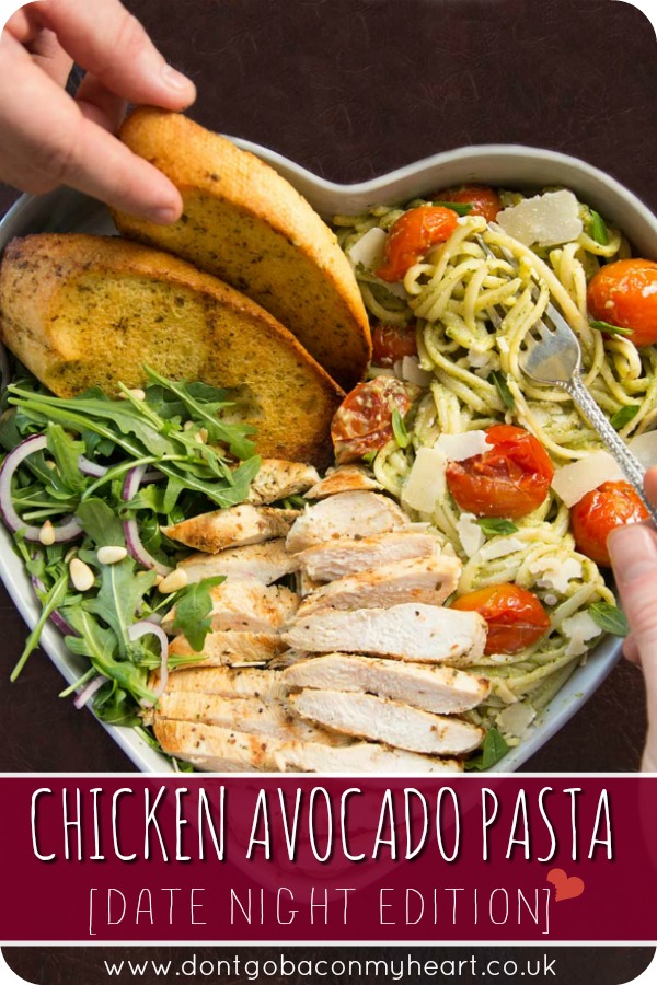 This Chicken Avocado Pasta is the perfect romantic dinner for two. A quick and easy avocado pasta recipe for the most delicious date night dinner! #datenightdinner #romanticdinner #dinnerfortwo #chicken #avocado #pasta | www.dontgobaconmyheart.co.uk
