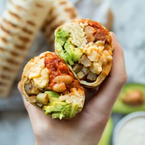 Breakfast Burrito split open with fillings showing