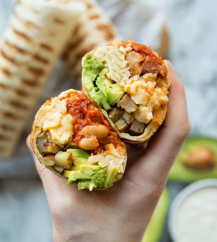 Breakfast Burrito split open with fillings showing