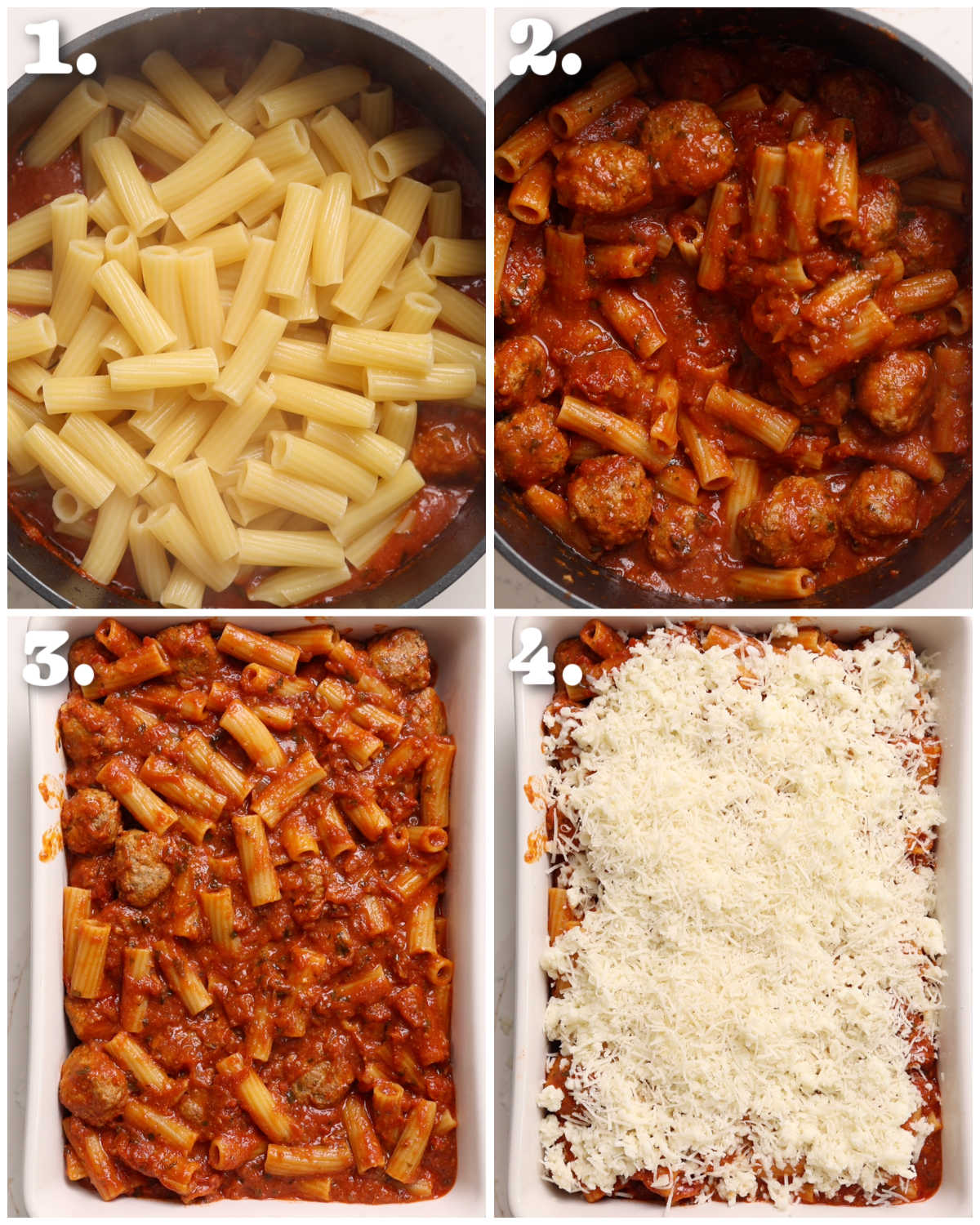 4 step by step photos showing how to make meatball pasta bake