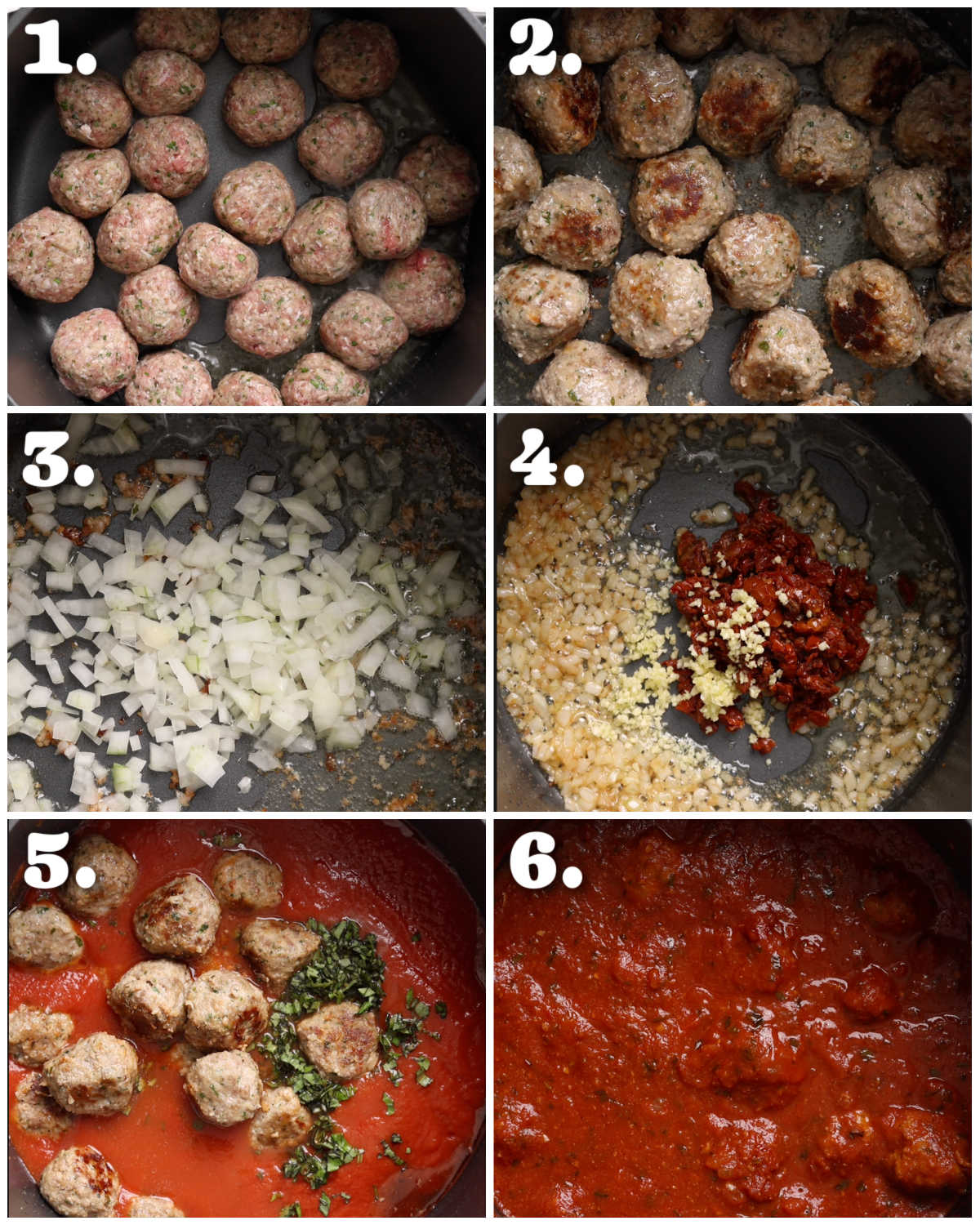 6 step by step photos showing how to make meatballs and sauce