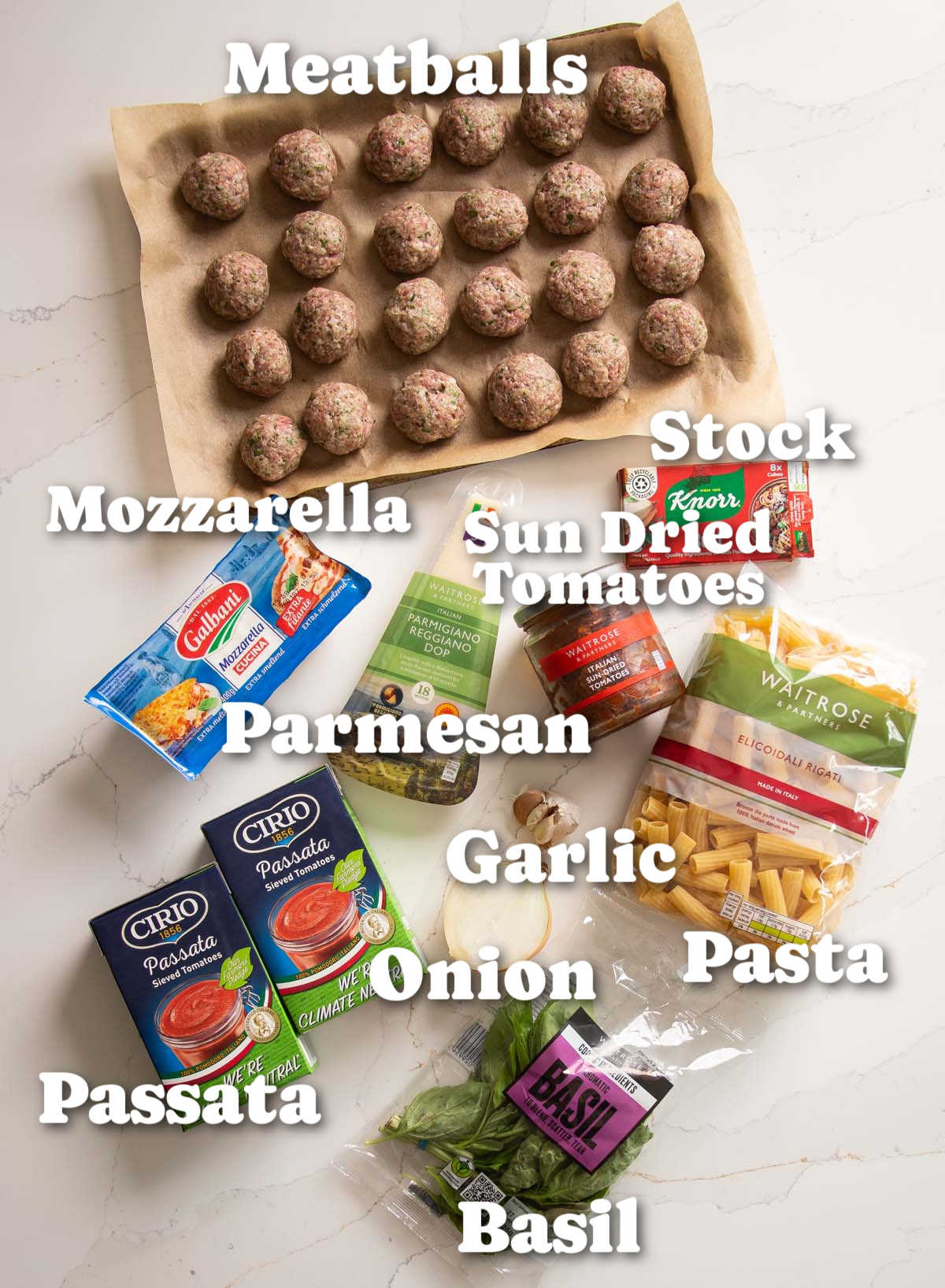 overhead shot of meatball pasta bake ingredients with text labels