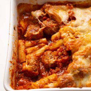 close up shot of meatball pasta bake fresh out the oven
