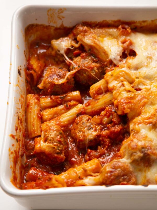 close up shot of meatball pasta bake fresh out the oven