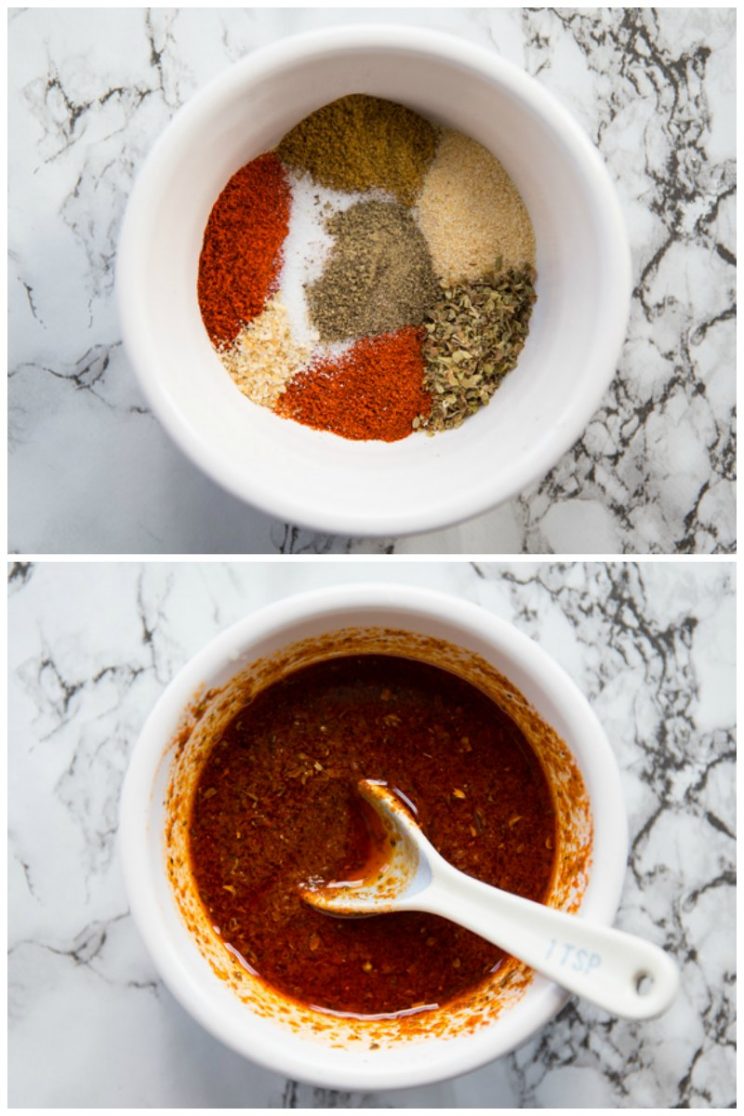 Homemade fajita seasoning in the top photo and homemade fajita marinade in the bottom