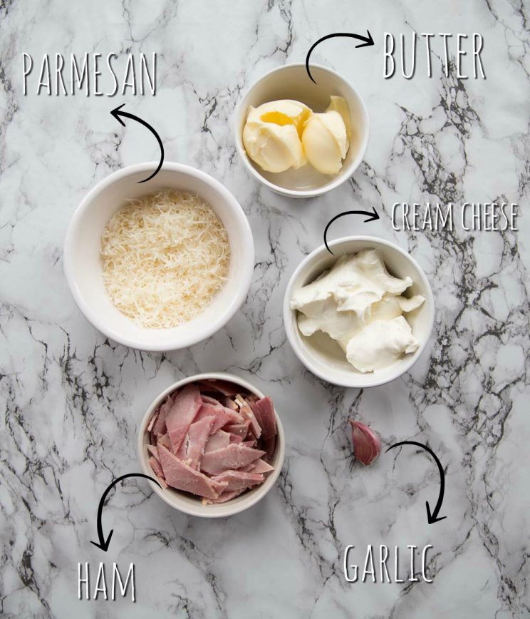 Cream cheese sauce ingredients with arrows and labels 