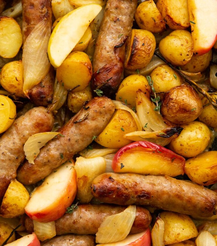 overhead shot of sausage tray bake fresh out the oven