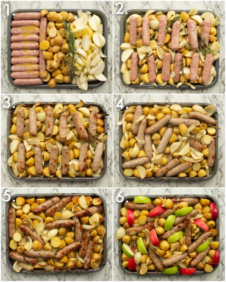 6 step by step photos showing how to make a sausage tray bake