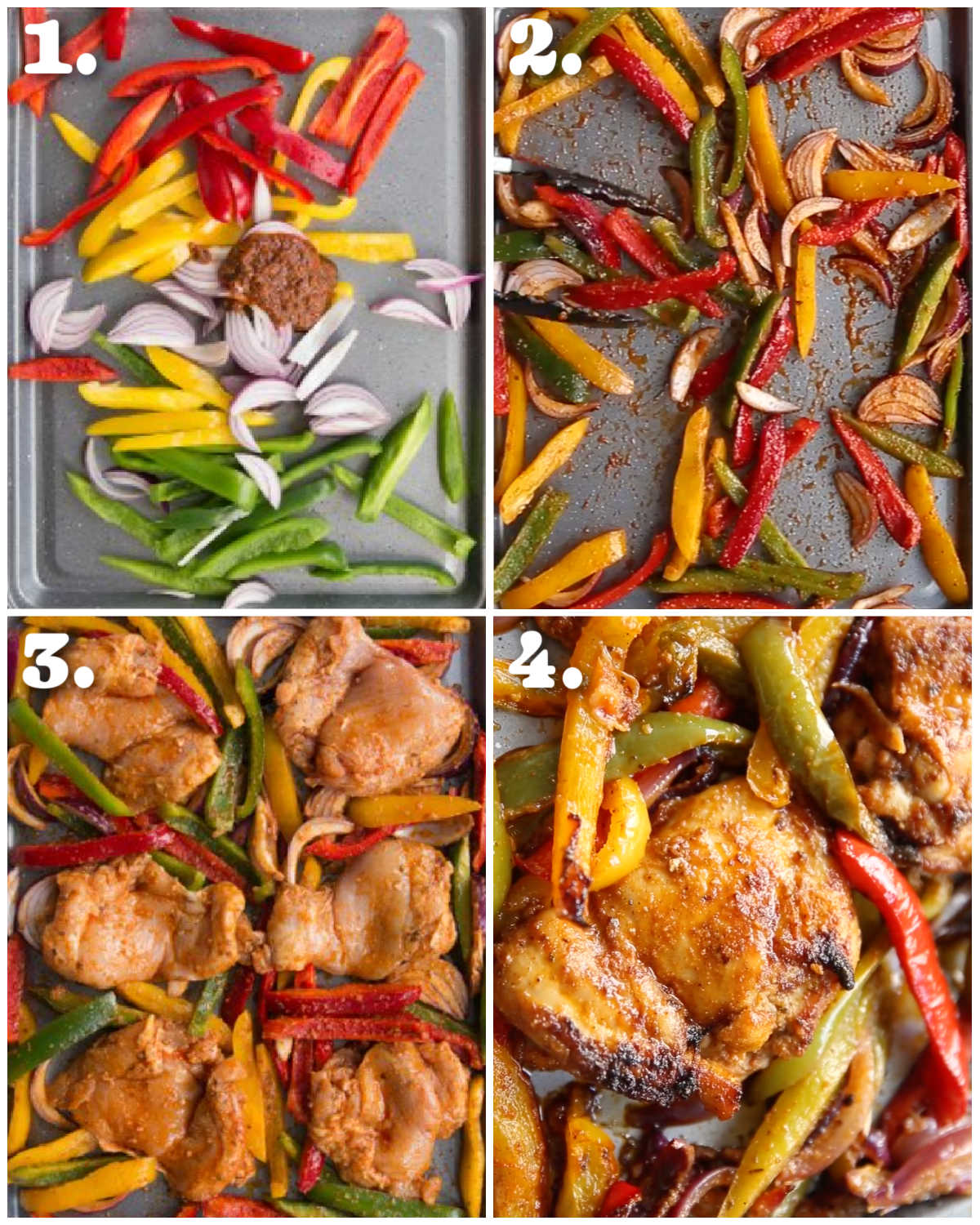 4 step by step photos showing how to make sheet pan fajitas