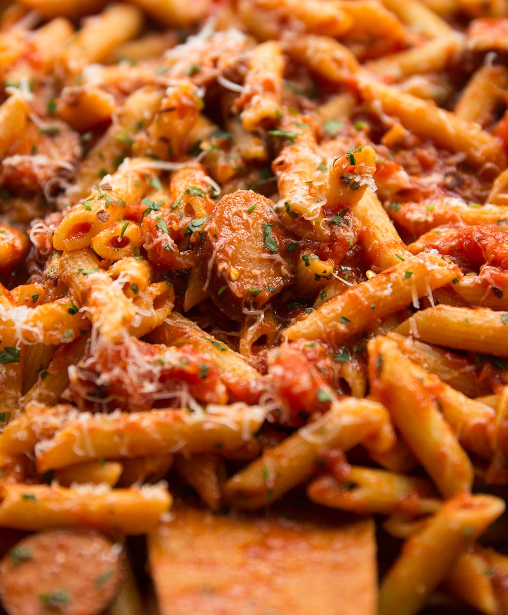 Penne Arrabiata with Smoked Sausage Don't Go Bacon My Heart