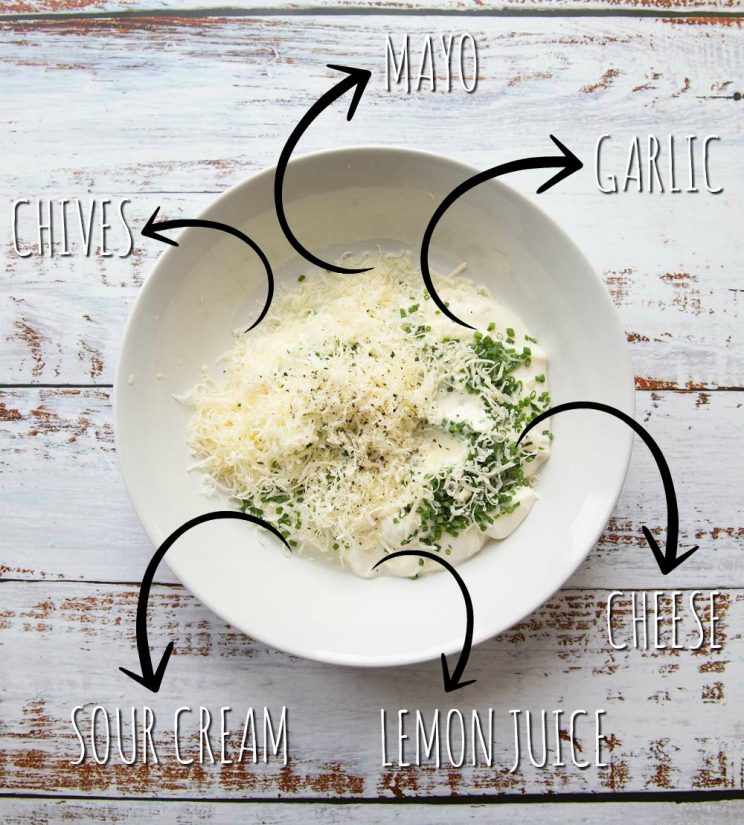 bowl of unconstructed cheese and chive dip showing ingredients via arrows
