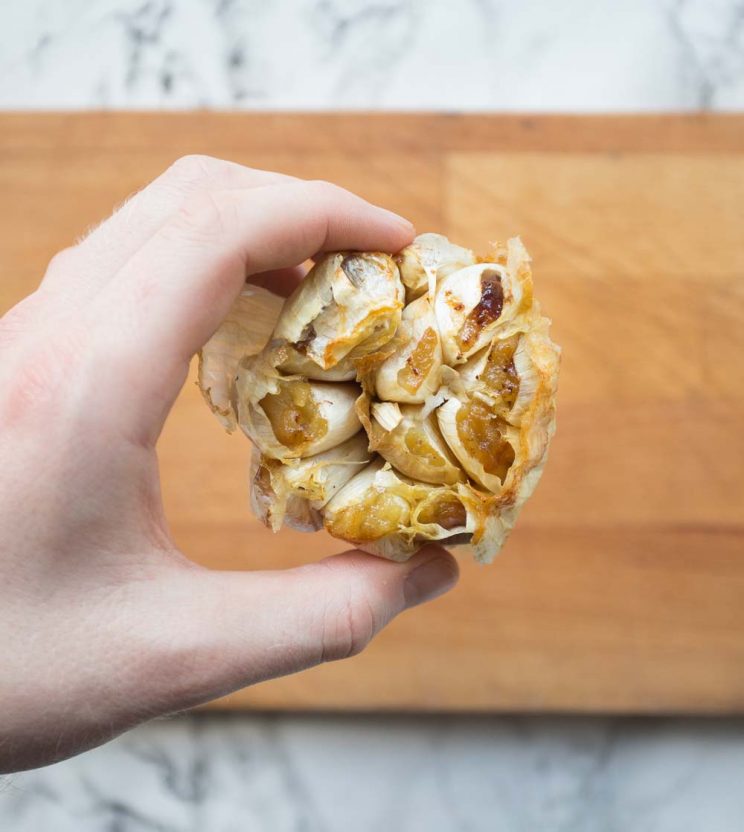 Closeup of roasted garlic fresh out the oven