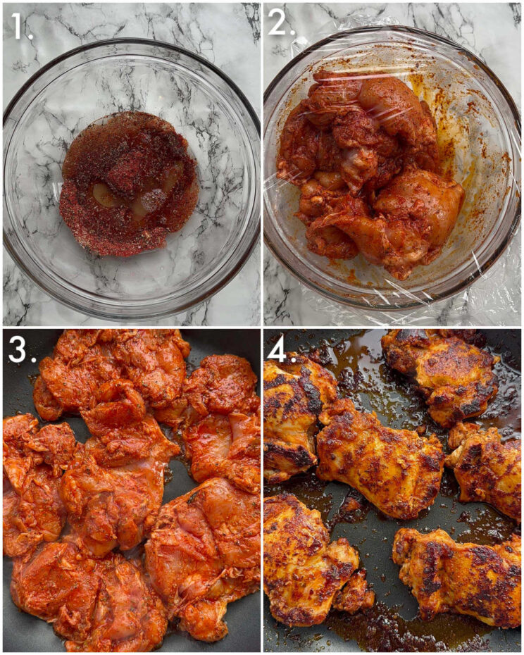 4 step by step photos showing how to make spanish chicken