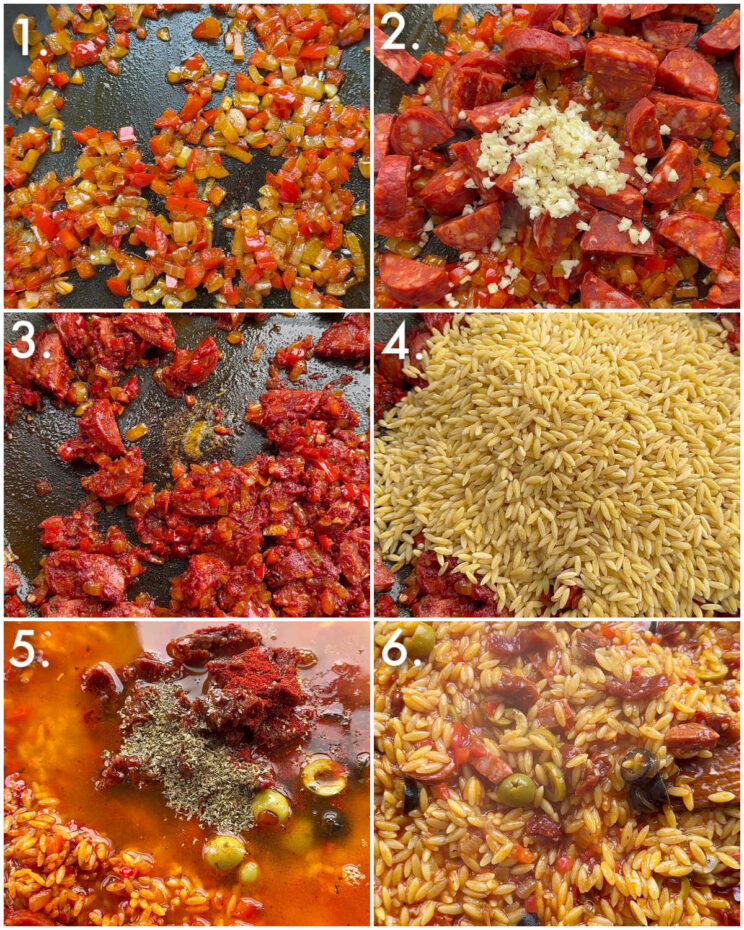 6 step by step photos showing how to make spanish orzo